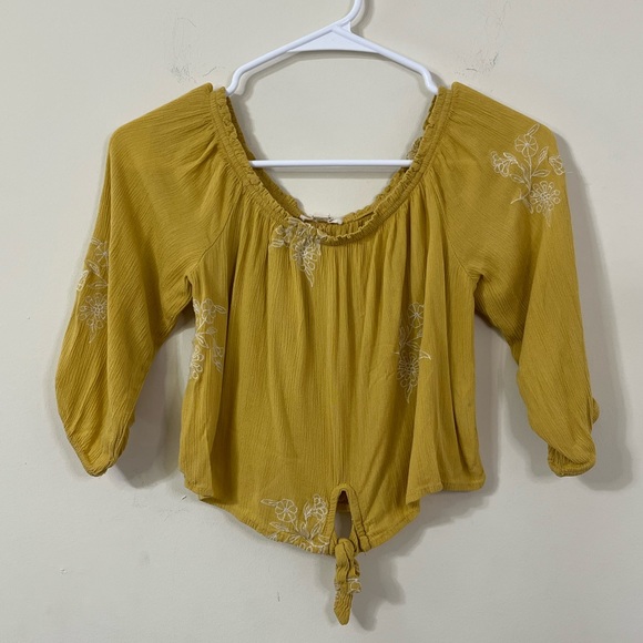 Rebellion Tops - Rebellion Mustard White Flower Embroidered Off The Shoulder Cropped Front Tie S